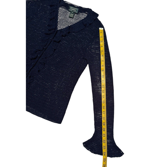 Lauren Ralph Lauren Hand Knit Cardigan Sweater Women M Blue Ruffle Long Sleeves - Picture 12 of 15